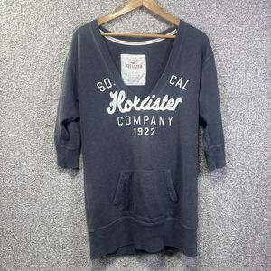 Hollister Sweater Dress Womens Large Gray V Neck So Cal Logo Pocket Short